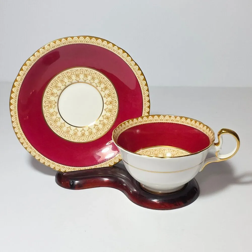 Aynsley Teacup and Saucer Burgundy Vintage